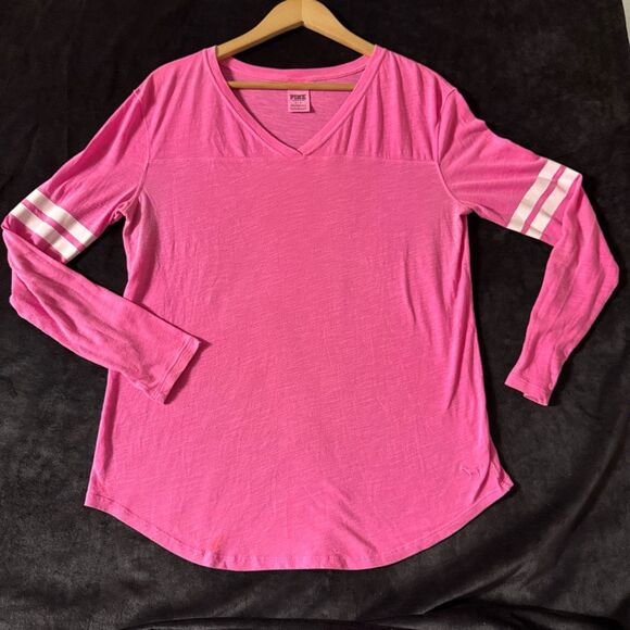 PINK Victoria's Secret Tops - Victoria's Secret PINK Sm Hot Pink Sheer Long Sleeve Varsity Striped Logo V-Neck